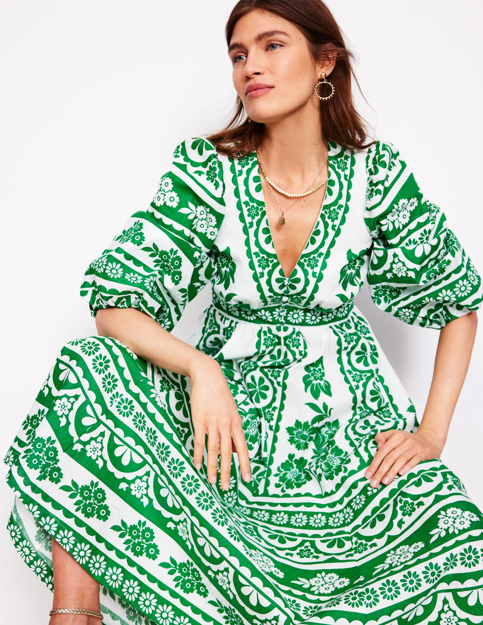 Lola Blouson Maxi Dress-Rich Emerald, Ornate Tropics | Boden (US)