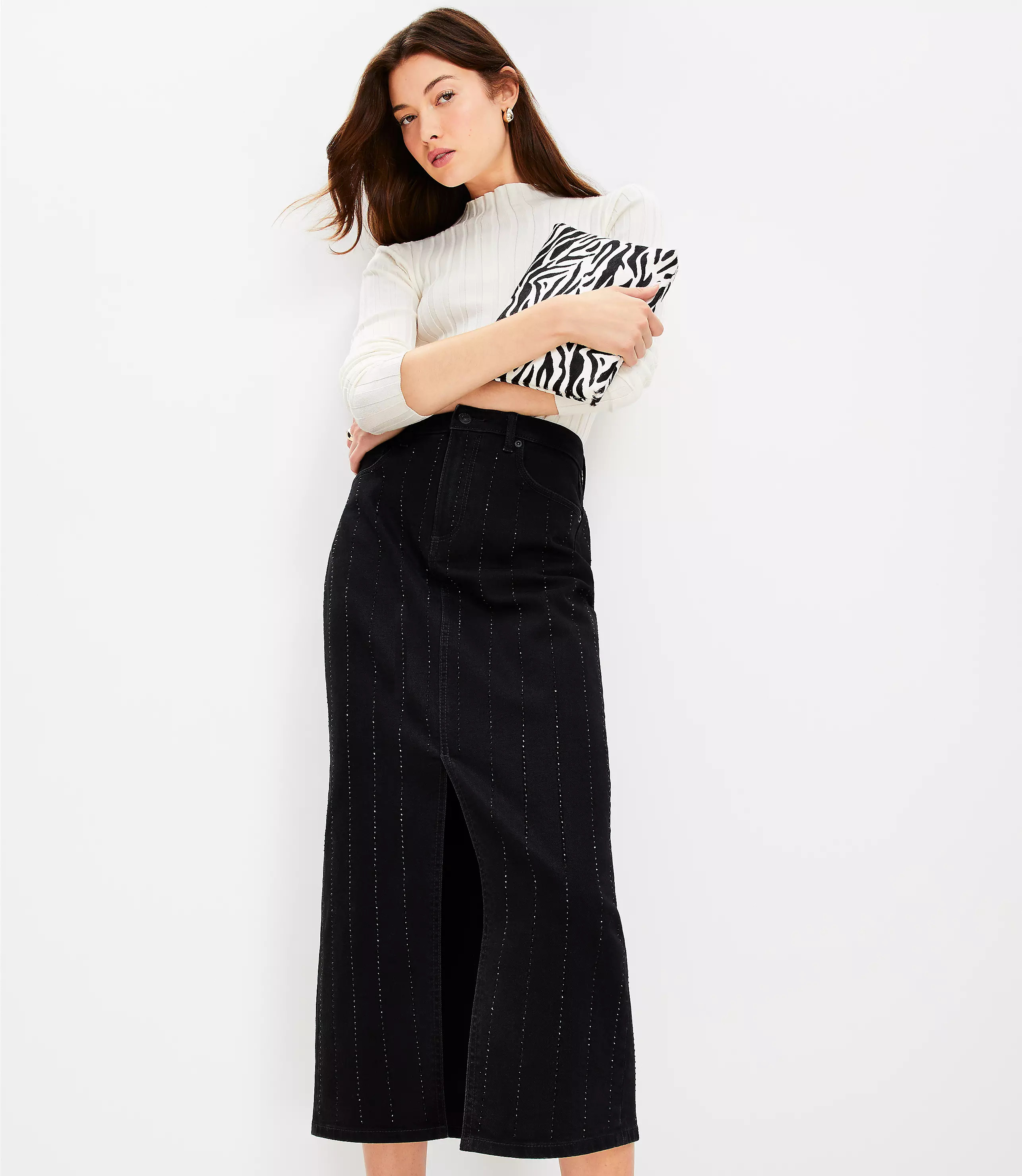 Sparkle Pinstripe Denim Midi Skirt in Washed Black | LOFT