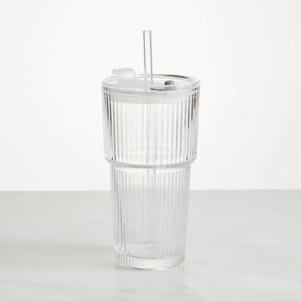 Ribbed Glass Tumbler with Lid & Straw | Dunelm