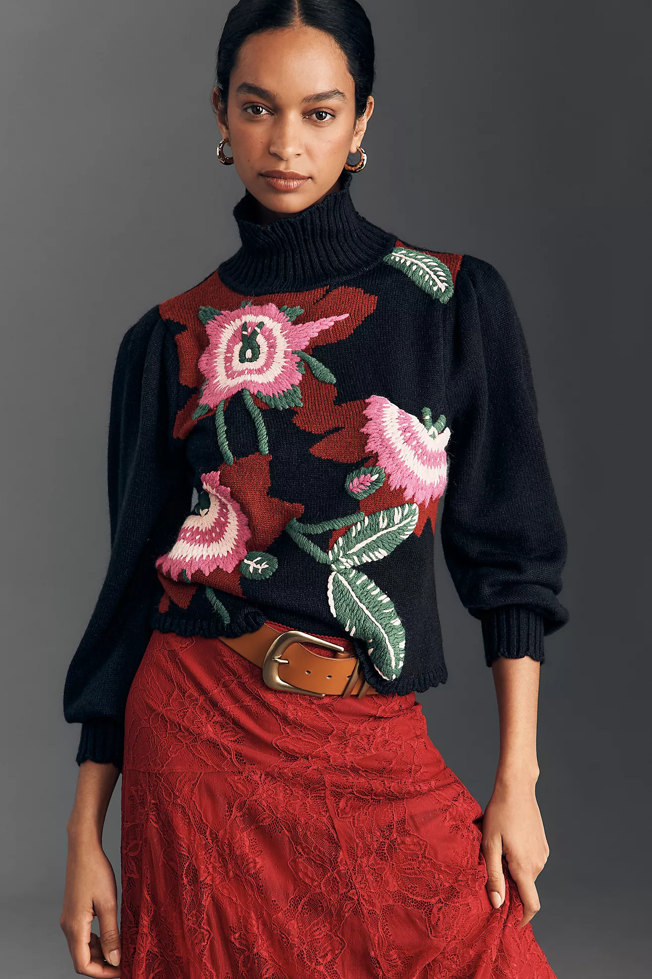 Farm Rio Mock-Neck Embroidered Pullover Sweater | Anthropologie (US)