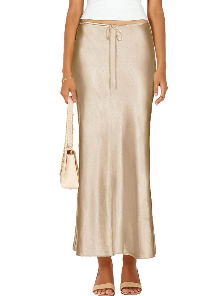 Womens Satin Silk Maxi Skirts Drawstring Flared Casual A-Line Long Skirt for Women | Amazon (US)