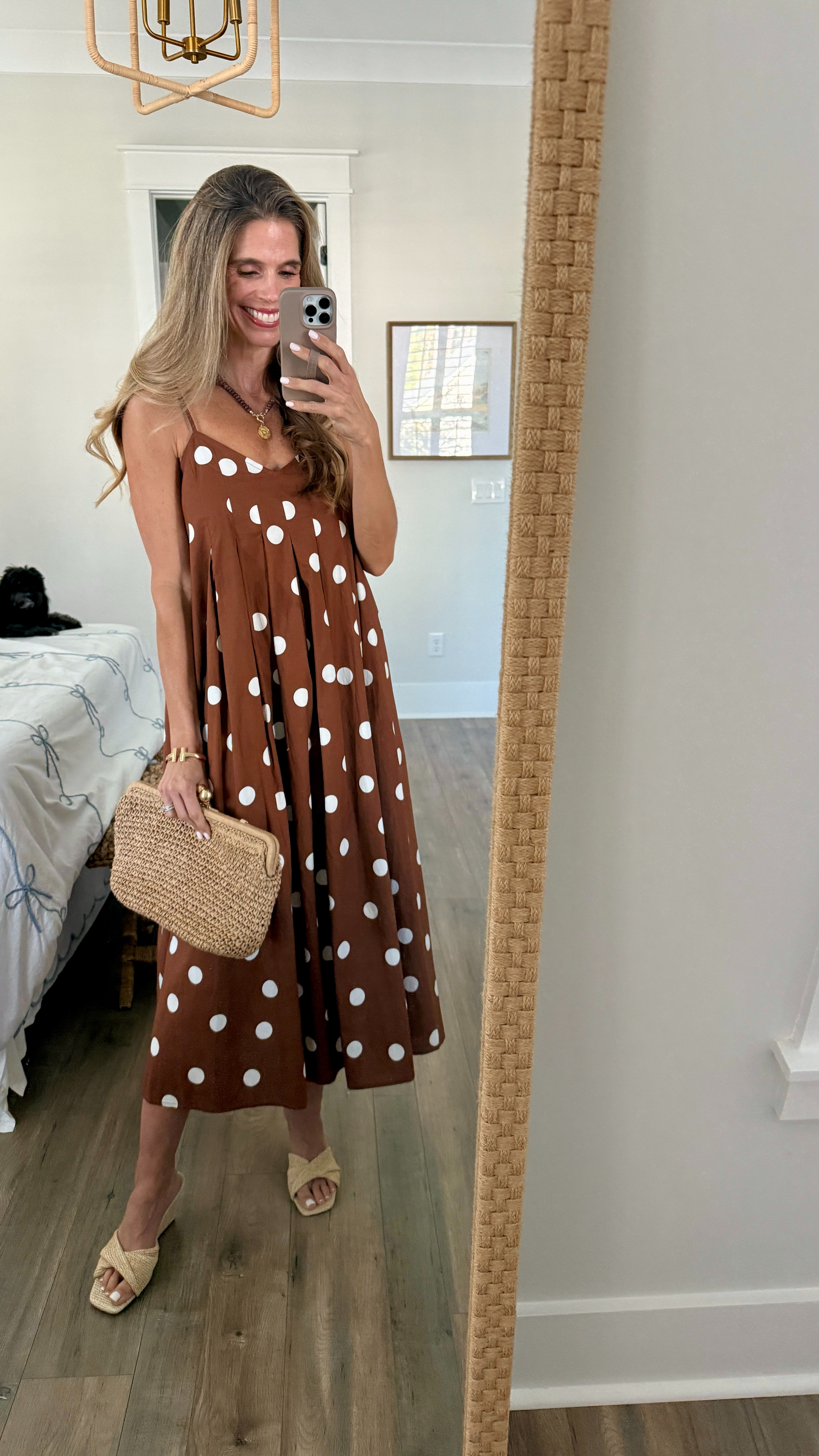 Brown polka dot midi dress, Rattan wedges, rattan clutch

#LTKSeasonal #LTKOver40