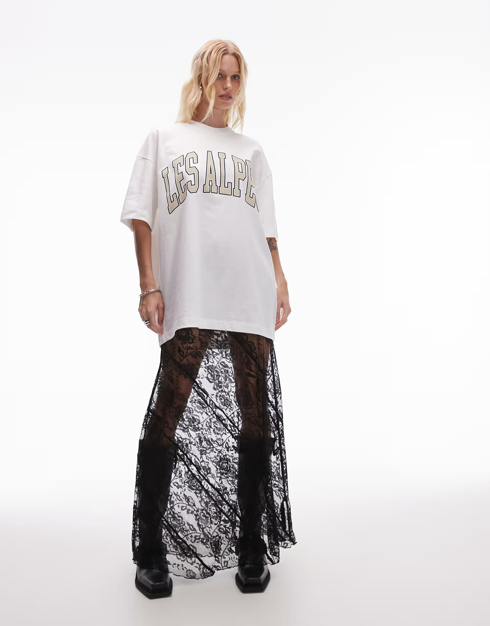 Topshop sheer diagonal tiered floral lace maxi skirt in black | ASOS (Global)
