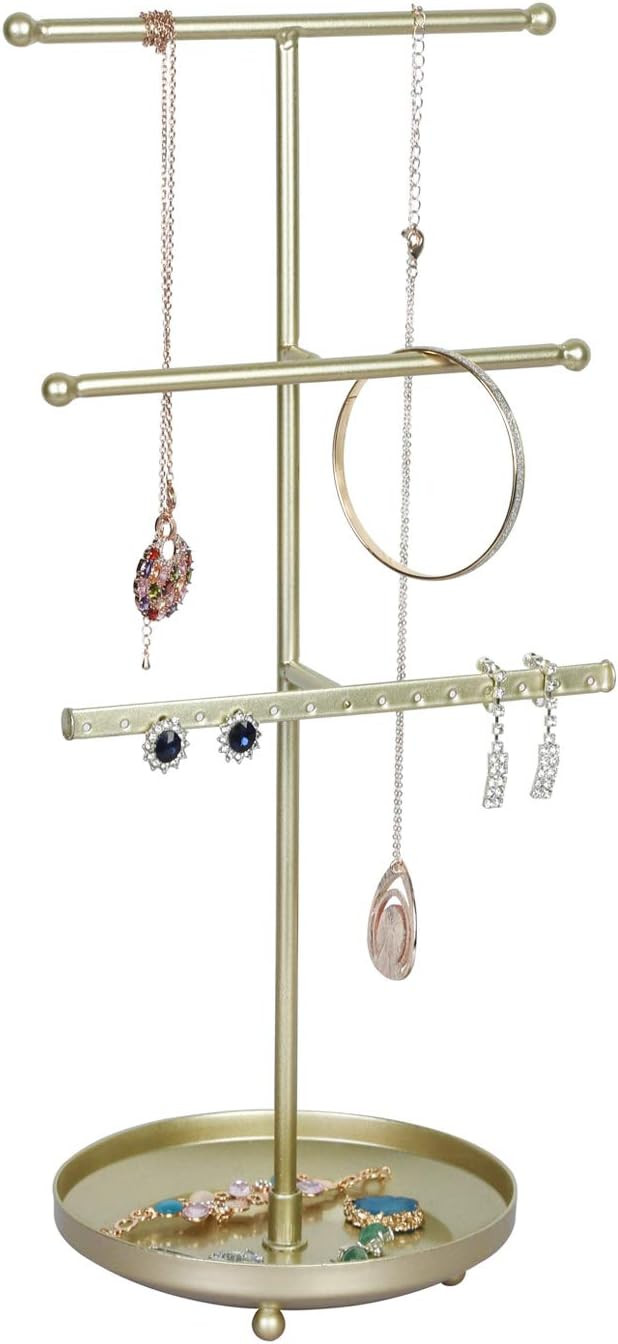 OROPY 3 Tier Jewelries Tower Organizer - Tabletop Gold Necklaces Holder Stand with Round Tray for... | Amazon (US)
