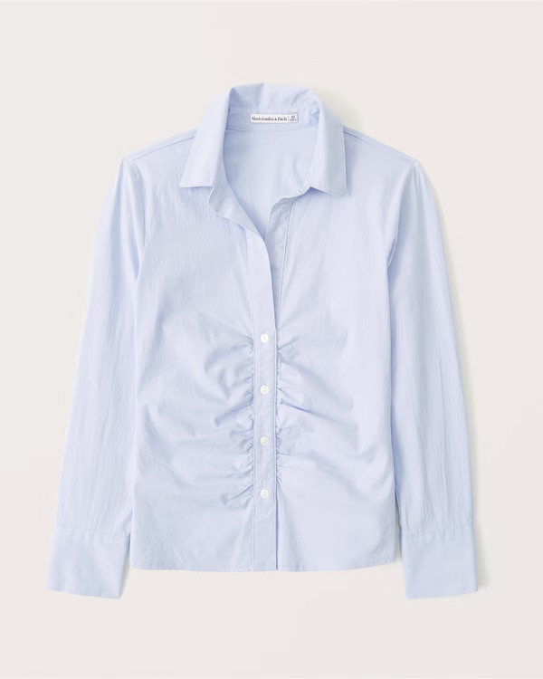 Women's Long-Sleeve Button-Through Ruched Poplin Top | Women's Clearance | Abercrombie.com | Abercrombie & Fitch (US)