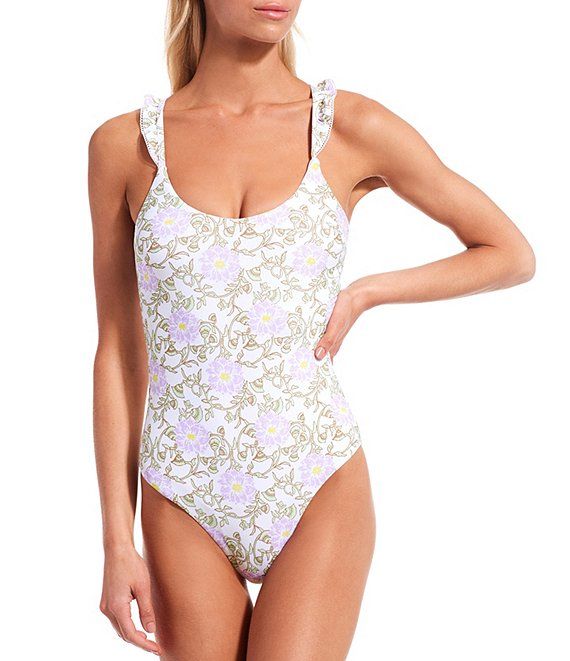 Daphne Floral Print Ruffle Straps Scoop One-Piece Swimsuit | Dillard's