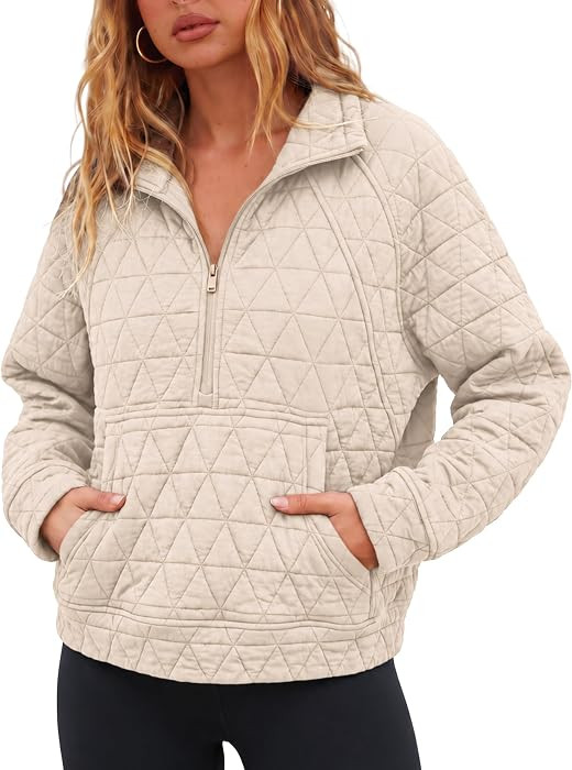 Women's Quilted Puffer Jacket Half-Zip Pullover Sweatshirt Long Sleeve Lightweight Fall Casual Ov... | Amazon (US)