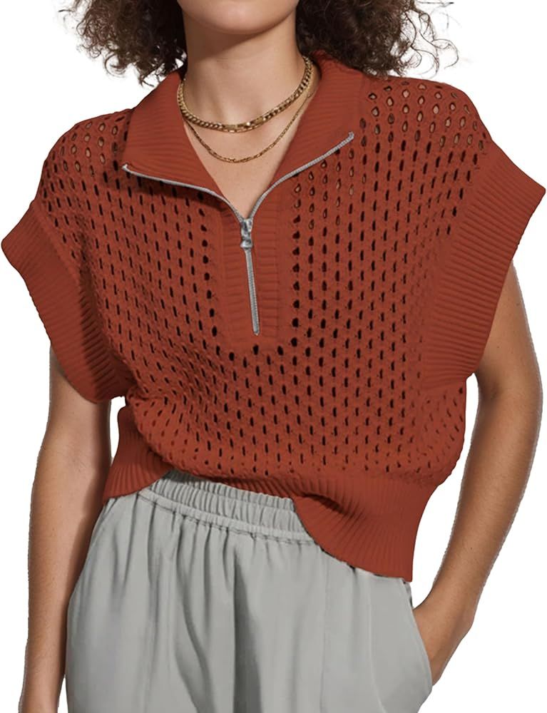 Oversized Hollow Knit Sweater Vest for Women Casual Half-Zip Cap Sleeve Crochet Knit Tank Tops | Amazon (US)