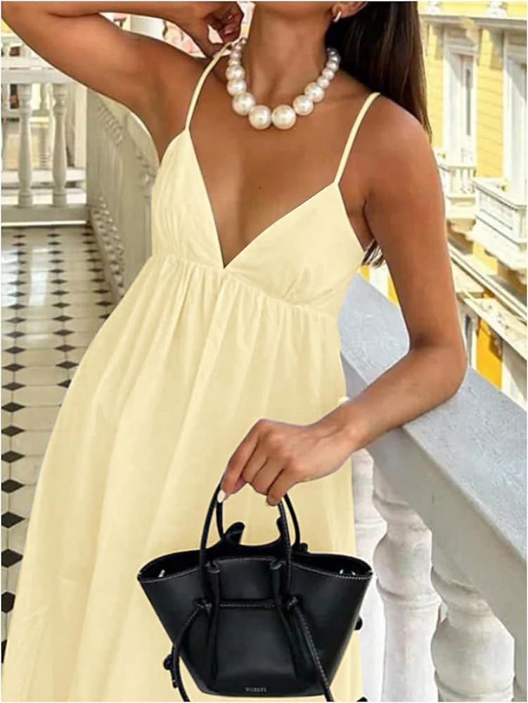 SOLY HUX Women's Summer Dress Backless V Neck Spaghetti Strap Loose Flowy Midi Cami Dresses | Amazon (US)