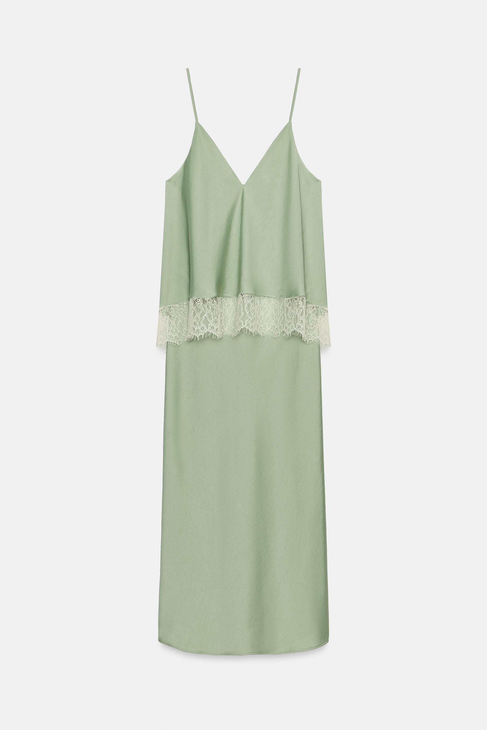Zara - Lace-Trimmed Satin Midi Slip Dress - Light Khaki - Xl - Woman | Zara US
