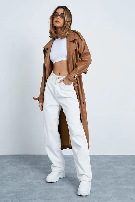 Chocolate Maxi Length Faux Leather Trench Coat | ISAWITFIRST UK