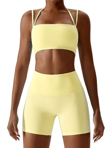 IMEKIS Workout Sets for Women: 2 Piece Yoga Outfit Matching Clothing Tracksuits High Waisted Running Biker Shorts with Sport Bra Shirts Exercise Clothes Athletic Gym Active Wear B - Yellow Small | Amazon (US)