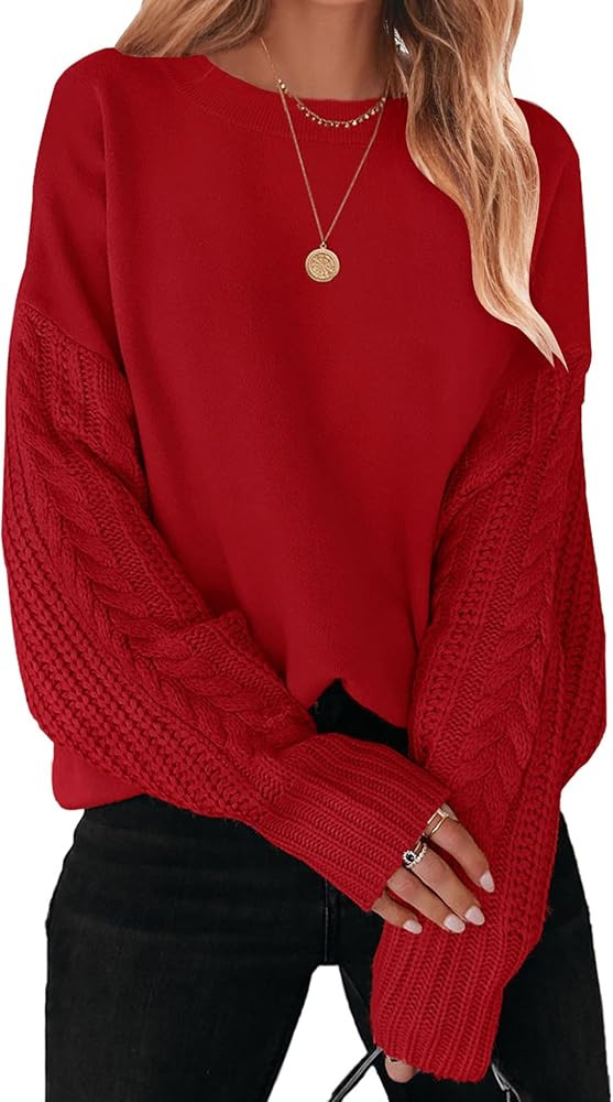 ZESICA Women's 2023 Fall Long Sleeve Crew Neck Solid Color Cable Knit Chunky Casual Oversized Pul... | Amazon (US)