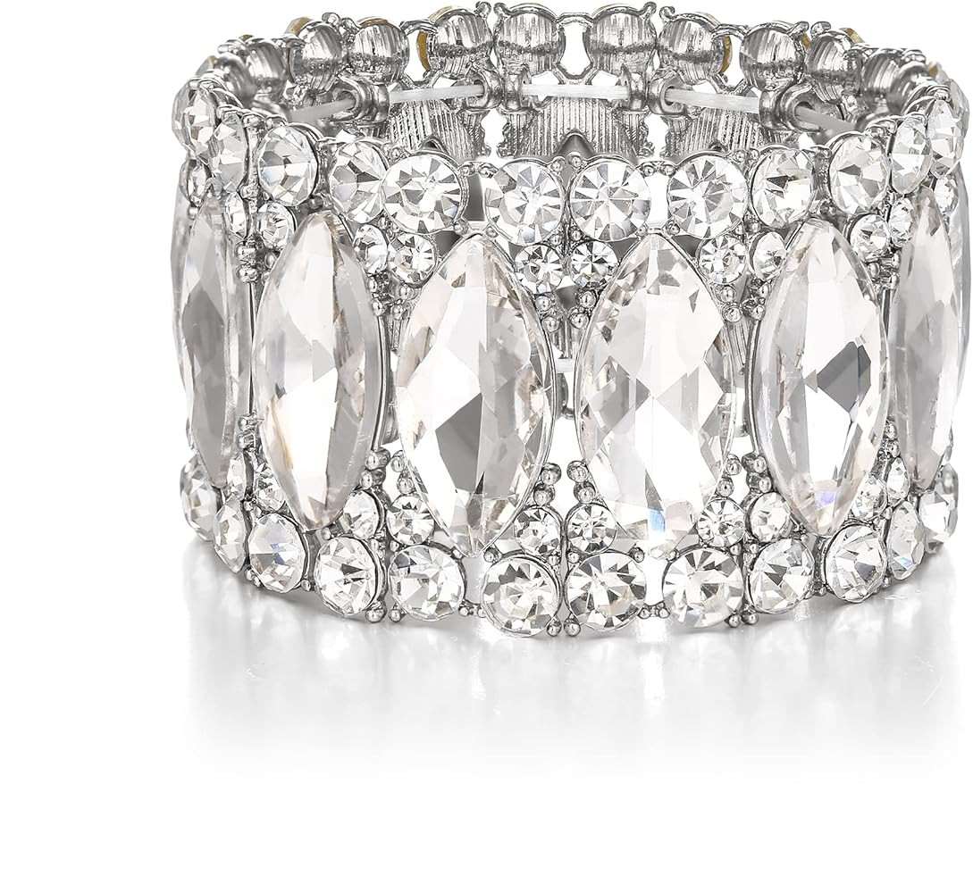 BriLove Wedding Bridal Elegant Crystal Double Row Rhinestones Marquise Cluster Stretch Bangle Bra... | Amazon (US)