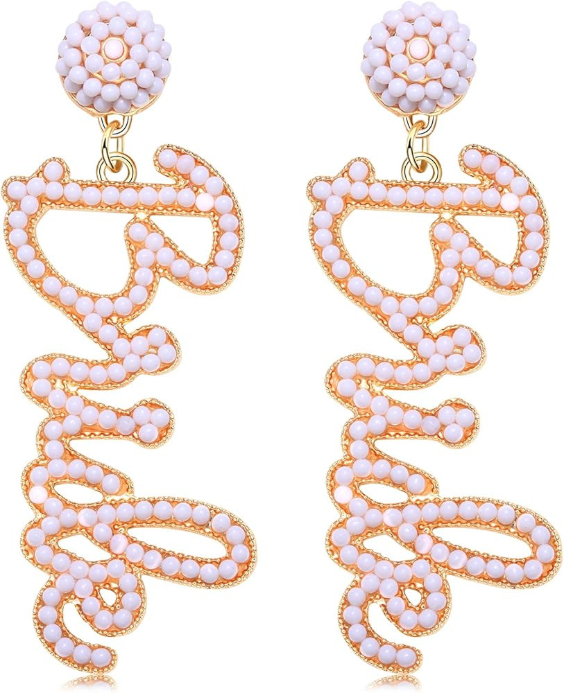 Bride Earrings Beaded Wedding Earrings for Women Delicate Letter Bride Dangle Drop Earrings Bride... | Amazon (US)