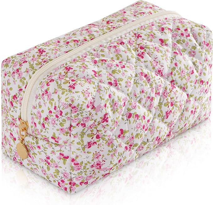 Makeup Bag Travel Toiletry Bag for Women, Small Cosmetic Bags Cute Quilted Cotton Makeup Pouch fo... | Amazon (US)