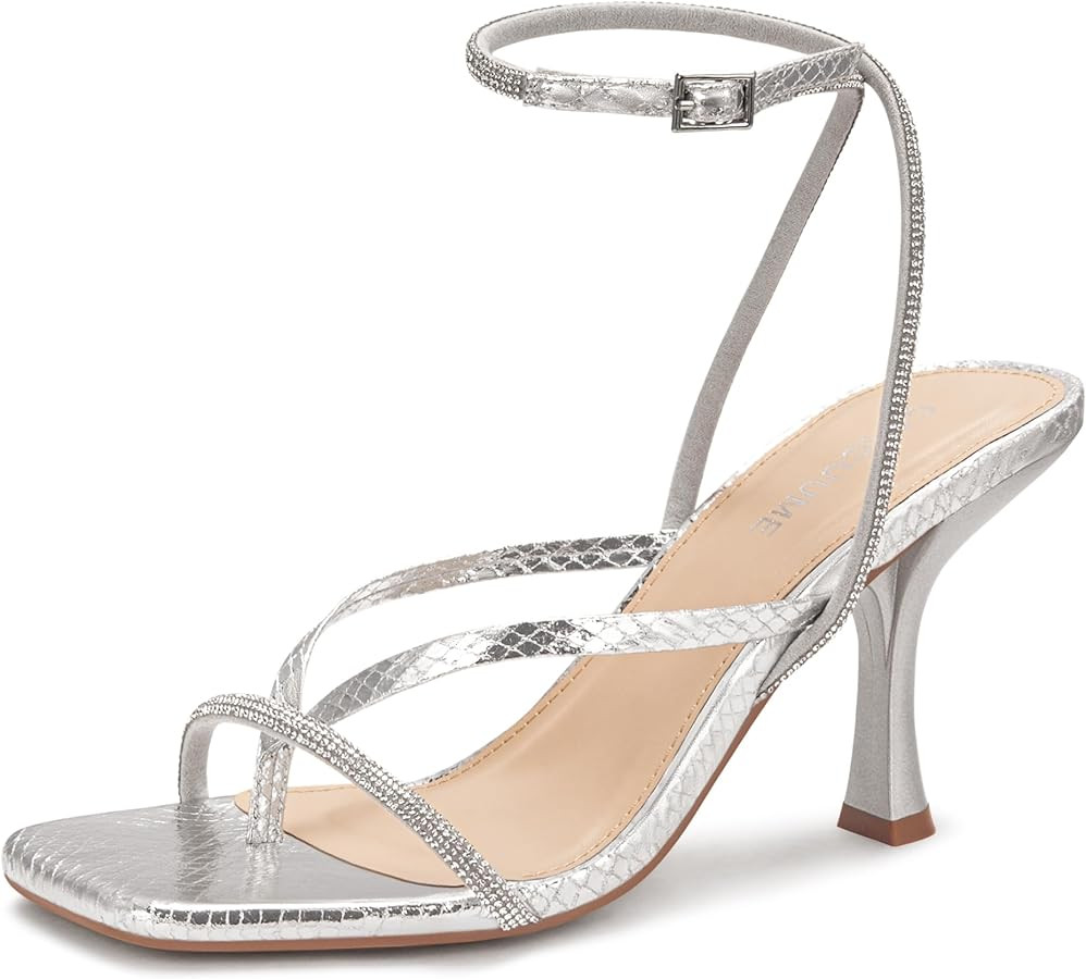 Carcuume Womens Kitten Heels Square Toe Thong Strappy Ankle Strap Stiletto Heel Sandals | Amazon (US)