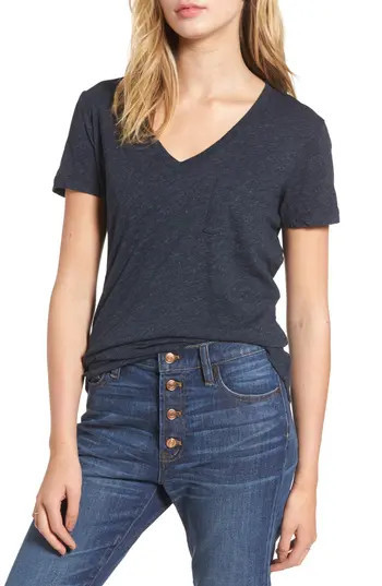 Women's Madewell Whisper Cotton V-Neck Pocket Tee, Size Large - Blue | Nordstrom