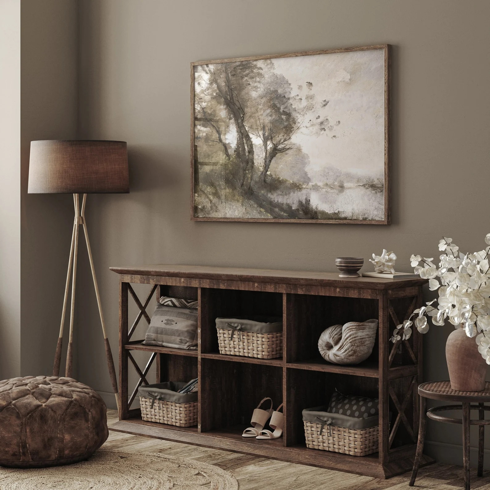 Vintage Muted Landscape Painting, Soft Tonal Print, Muted Neutral River, Neutral Green Tree Wall ... | Etsy (US)