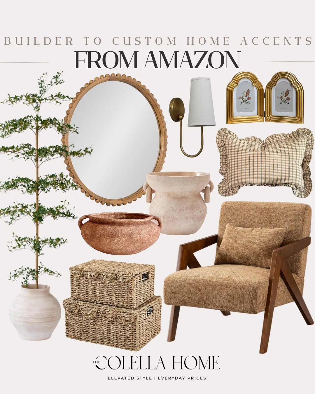 Custom home accents include accent chair, decorative boxes, faux tree, mirror, decorative bowl, vase, sconces, pillow, and frames.

Looks for less, home upgrades, styled home, home accents 

#LTKHome #LTKvlog #LTKSeasonal