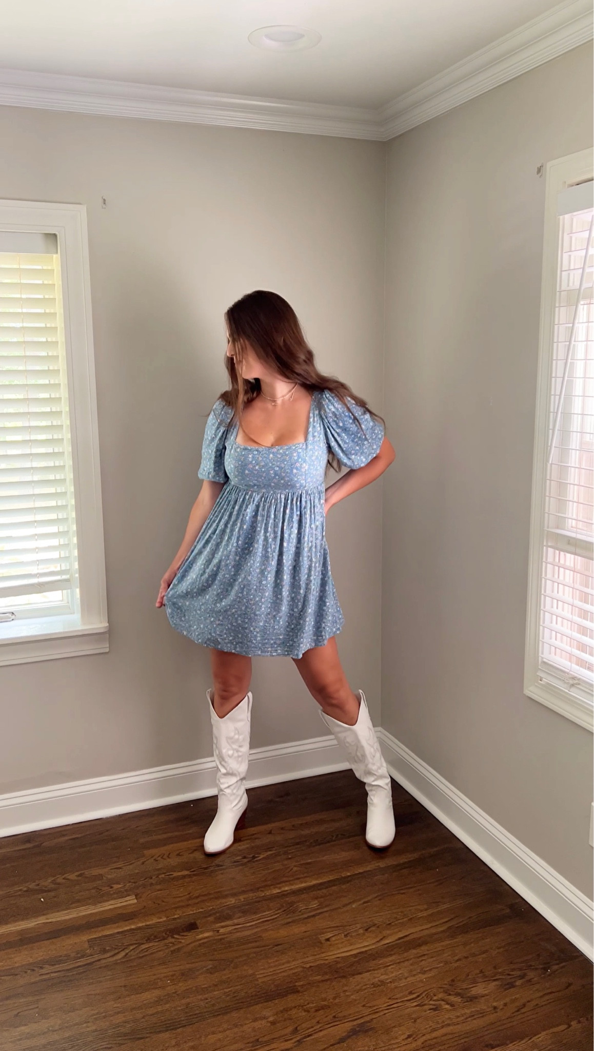 Country concert outfit. Flora dress. Coastal cowgirl. White cowboy boots. Wedding guest dress. Babydoll dress. Blue mini dress. Name necklace. Floral earrings

#LTKxNSale #LTKFind #LTKwedding
