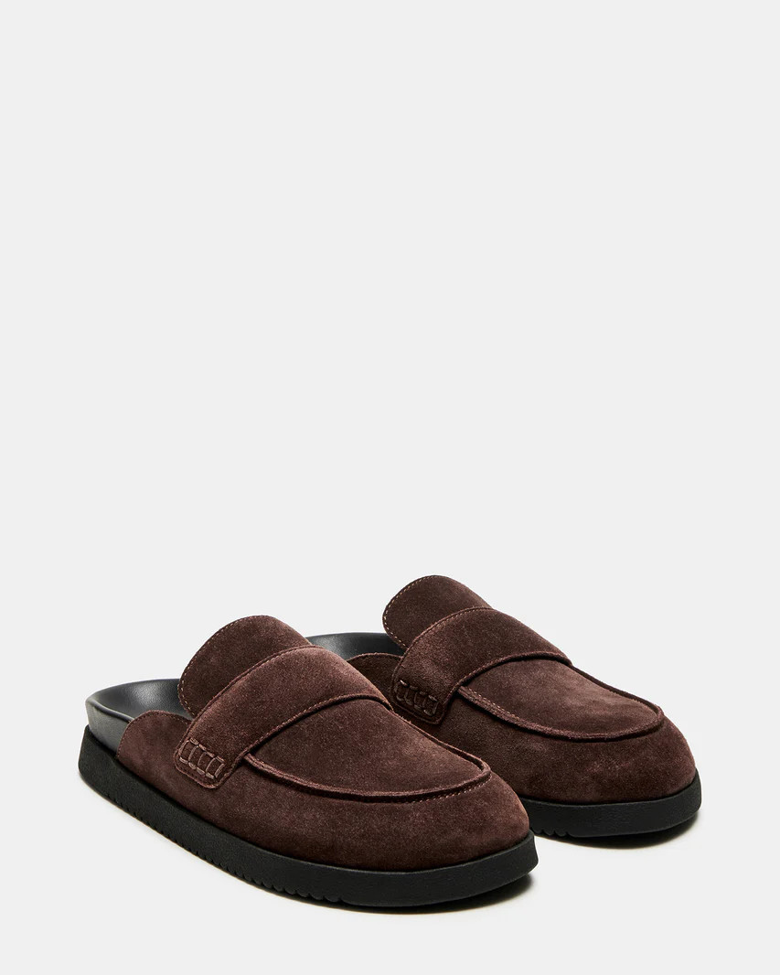 SKIPPER Chocolate Brown Suede Slip-On Mule | Women's Flats | Steve Madden (US)
