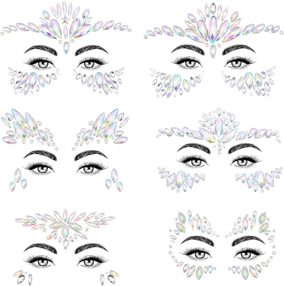 SAOROPEB Face Gems - 6 Sets Mermaid Face Jewels Temporary Tattoo Stickers Acrylic Crystal Glitter... | Amazon (US)