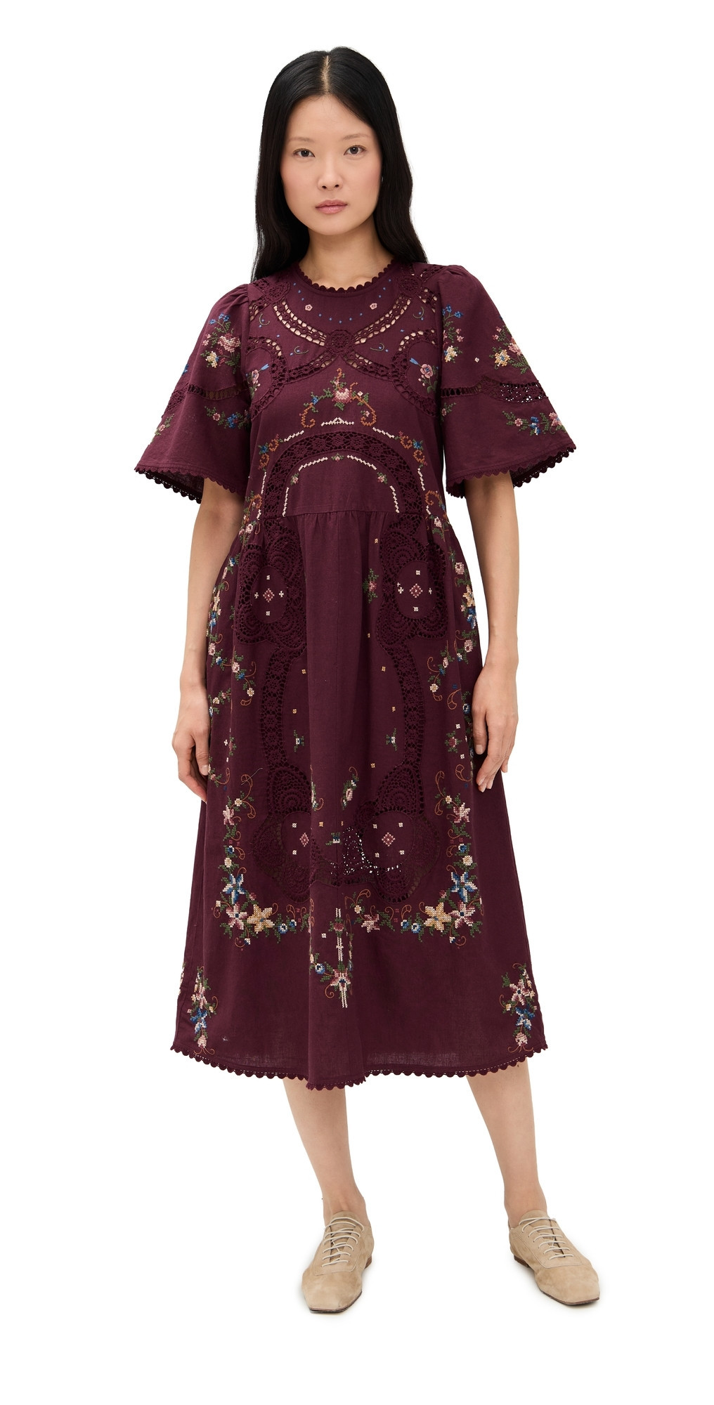 Sea Edwina Embroidery Short Sleeve Dress Burgundy XXS | Shopbop