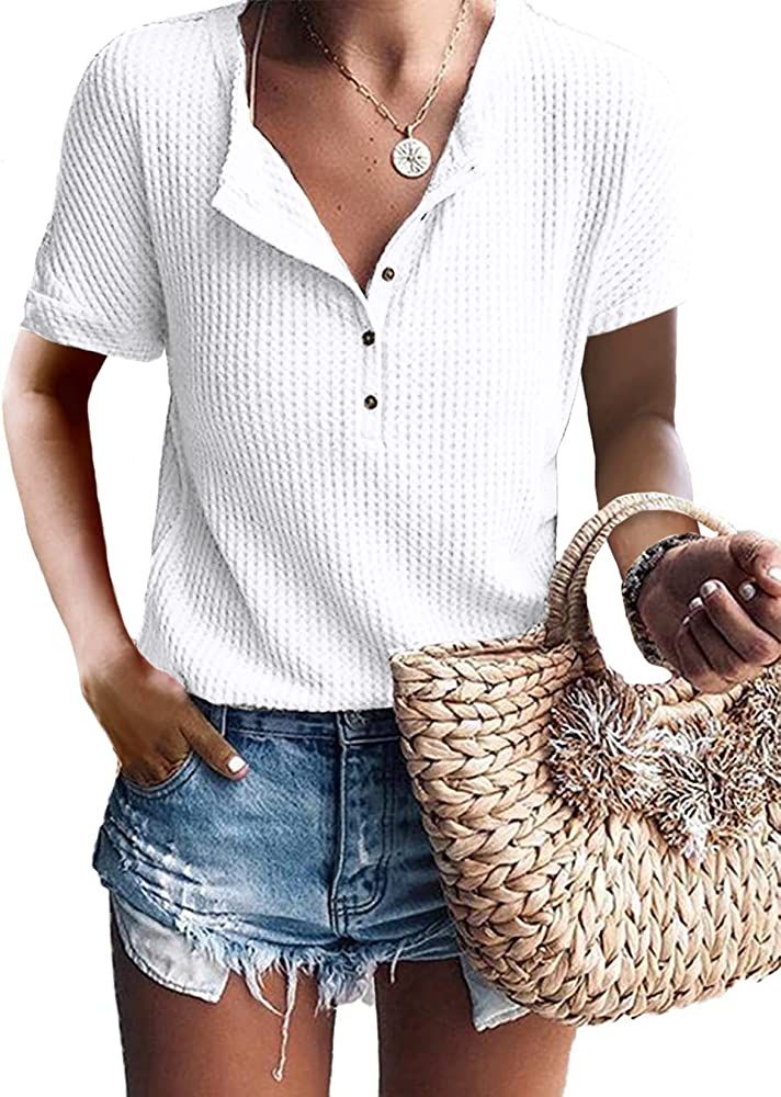 Glanzition Womens Tops Casual V Neck Button Up Loose Waffle Knit Tunic Henley Shirts | Amazon (US)