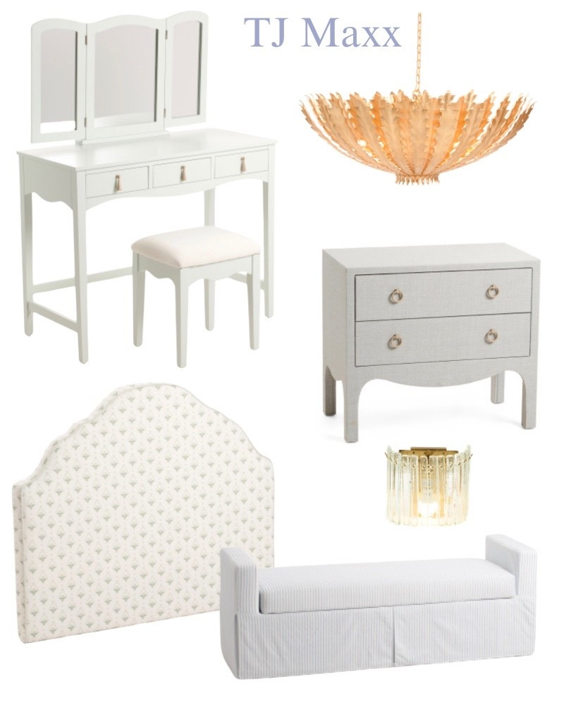 TJ Maxx finds on sale, designer deals, twin, headboard, girls, room, vanity, nightstand, lighting, crystal, sconces, striped bench, Aerin brass chandelier, French, modern comfort coastal. 

#LTKSaleAlert #LTKHome