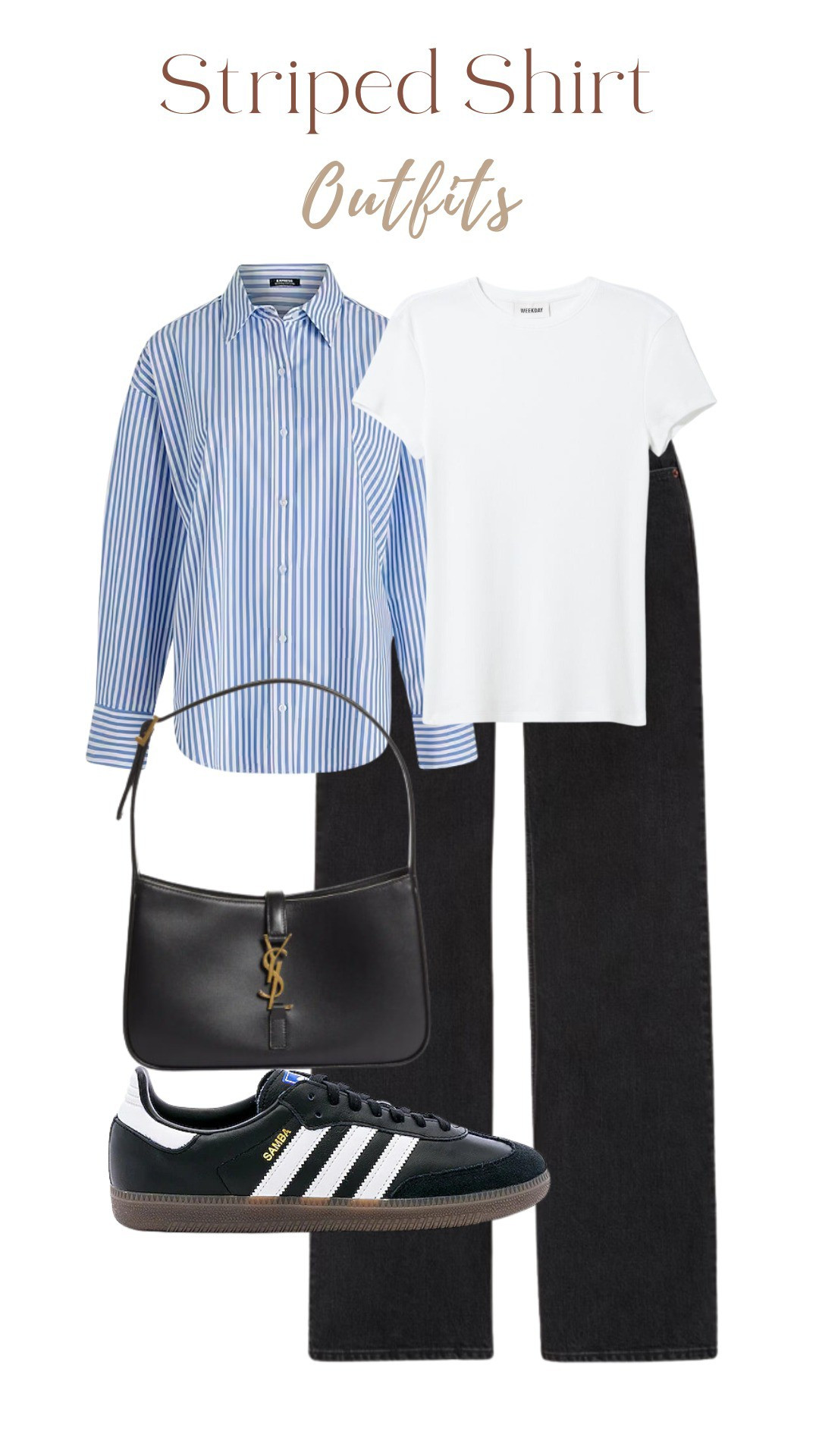 Striped shirt, white t shirt, black trousers, black bag, spring outfit, spring fashion 

#LTKfindsunder50 #LTKstyletip #LTKworkwear