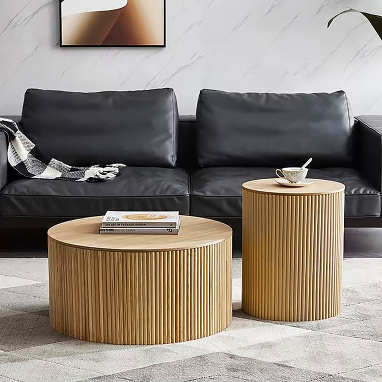 Round Natural Wood Coffee Table Set of 2 with Storage(16"-28") | Homary