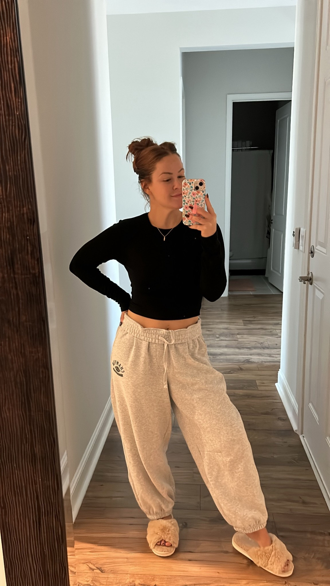 Champion joggers + quarter zip (not shown). Wearing size medium in sweats but would size down!