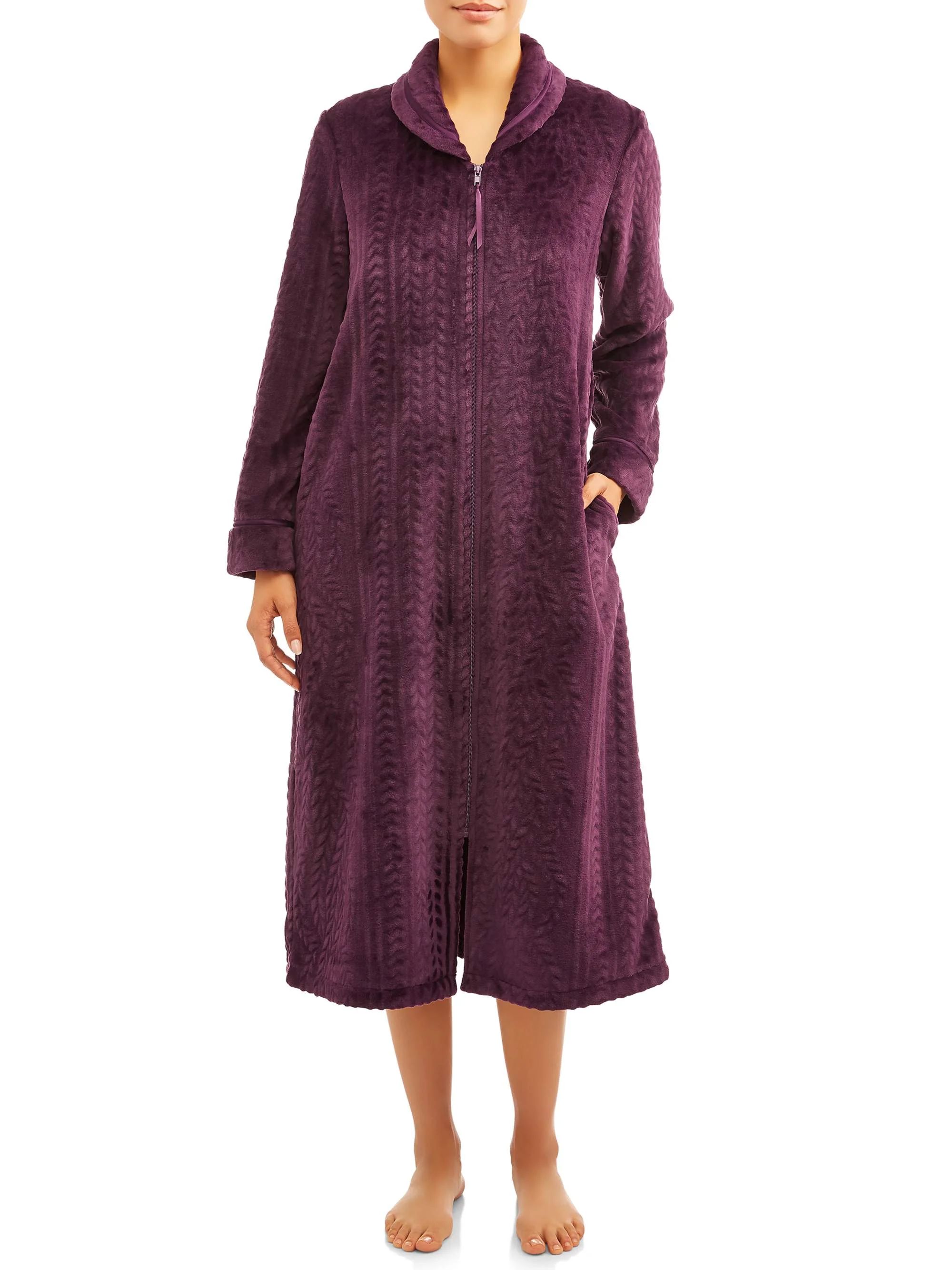 Secret Treasures Women's and Women's Plus Traditional Long Sleeve Front Zip Sleepwear Robe | Walmart (US)