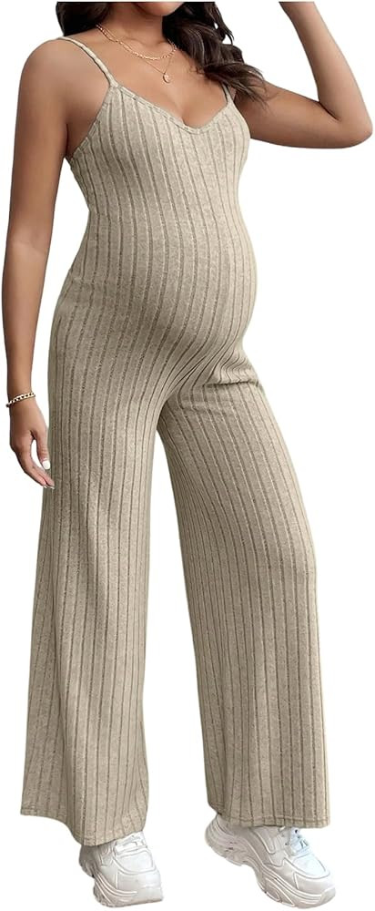 MakeMeChic Women's Maternity Cami Jumpsuit Spaghetti Strap Rib Knitted Plain Wide Leg Pregnancy R... | Amazon (US)