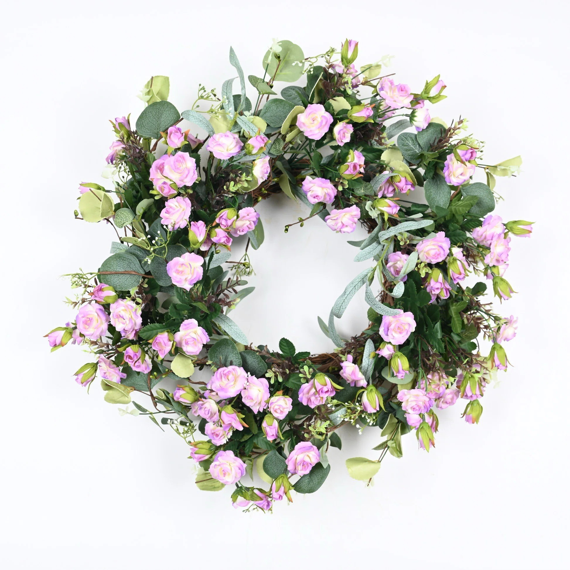 22" Artificial Farmhouse Spring Summer Blossoms Cluster Foliage Rose Floral Wreath For Front Door | Wayfair North America