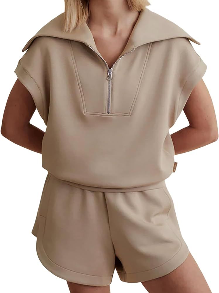 SAFRISIOR Women 2 Piece Sweatsuits Set Half Zip Short Sleeve Tracksuits Sweat Suit Shorts Set 202... | Amazon (US)