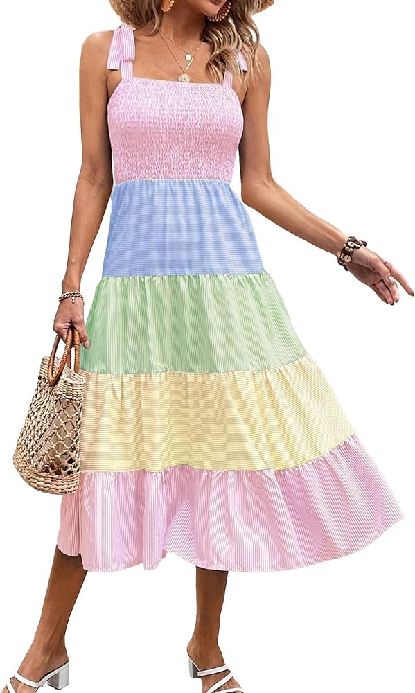 MakeMeChic Women's Summer Beach Boho Dress Casual Floral Spaghetti Strap Square Neck Long Maxi Su... | Amazon (US)