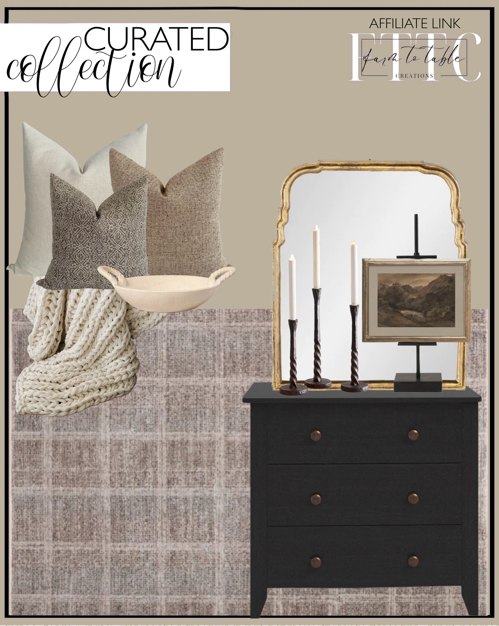 Curated Collection. Follow @farmtotablecreations on Instagram for more inspirational.

Holthaus 3 - Drawer Dresser. Angela Rose Ember Fog Loloi Area Rug. Amber interiors Frederick Wall Mirror.  18" Black Steel Adjustable Tabletop Easel. PRINTABLE Large Landscape in Neutral Tones / Vintage Earthy Tone Wall Art / Brown and Beige Art Print DIGITAL Download InCottonArt. Easton Forged Candlesticks. Hackner Home Serene Pillow Cover Set. Colossal Ribbed Handknit Throw Blanket. Antique Finish Ceramic Bowl - Threshold. 

Living Room | Breakfast Nook | Amazon Home | Target Sale | Loloi Rugs | Magnolia Home | console table | console table styling | faux stems | entryway space | home decor finds | neutral decor | entryway decor | cozy home | affordable decor |  | home decor | home inspiration | spring stems | spring console | spring vignette | spring decor | spring decorations | console styling | entryway rug | cozy moody home | moody decor | neutral home

