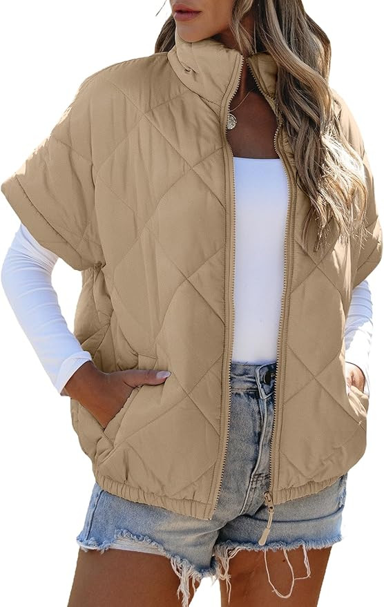 SHEWIN Quilted Jackets For Women 2024 Casual Lightweight Short Sleeve Zip Up Warm Vests | Amazon (US)
