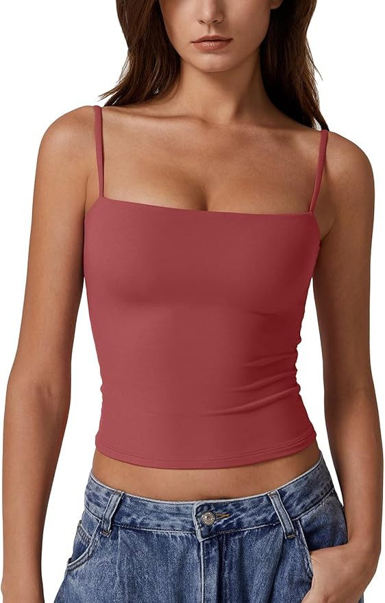 QINSEN Women's Double Lined Basic Tank Top Adjustable Spaghetti Straps Sleeveless Camisole Shirts | Amazon (US)