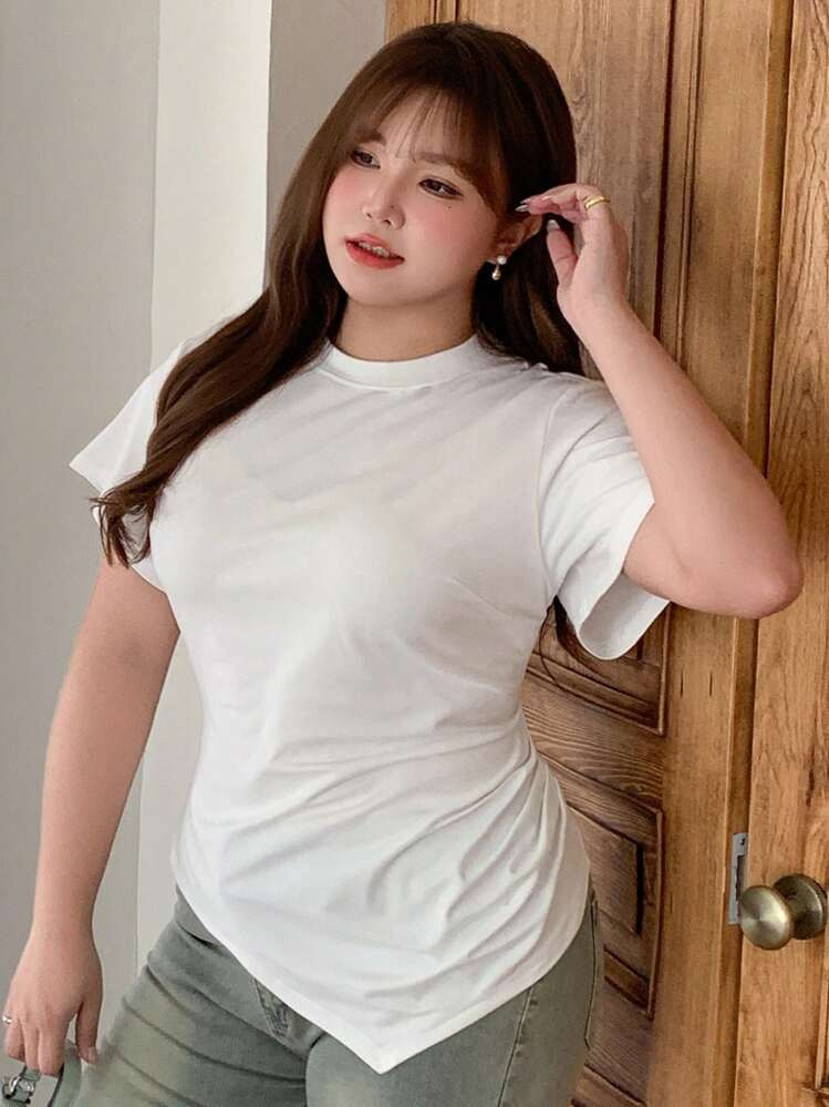 Dazy Plus Plain Color Waist Design Short Sleeve White T-Shirt, Spring/Summer | SHEIN