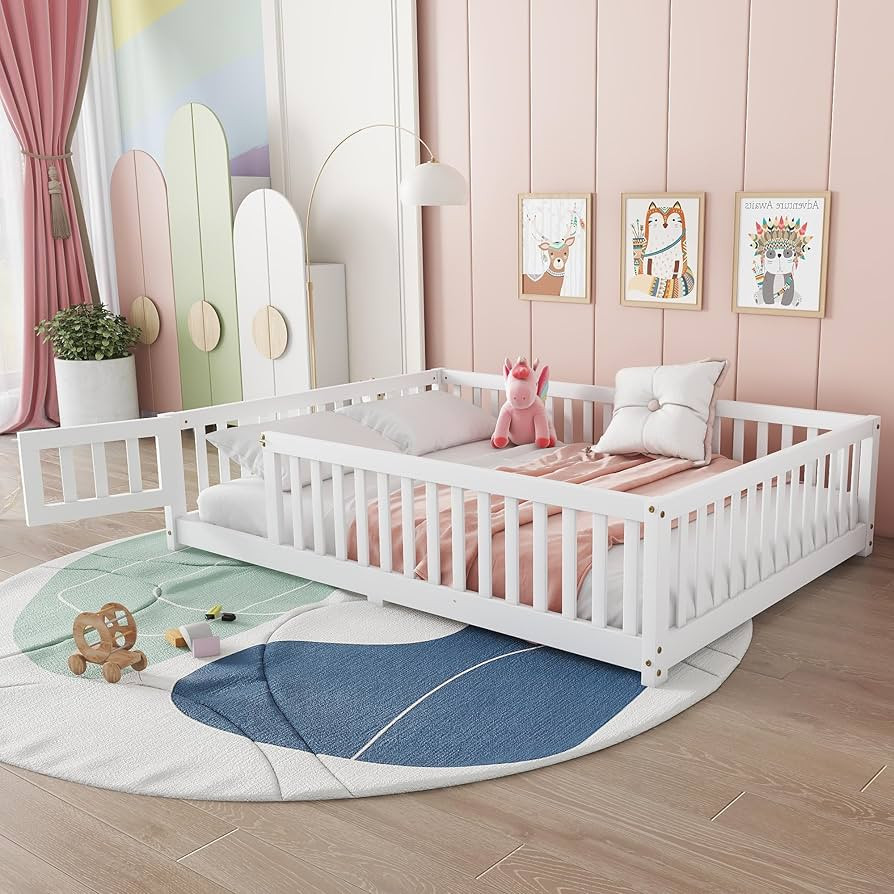 Full Size Floor Bed with Slats and Center Support Bar, Montessori Floor Bed with Fence and Door | Amazon (US)