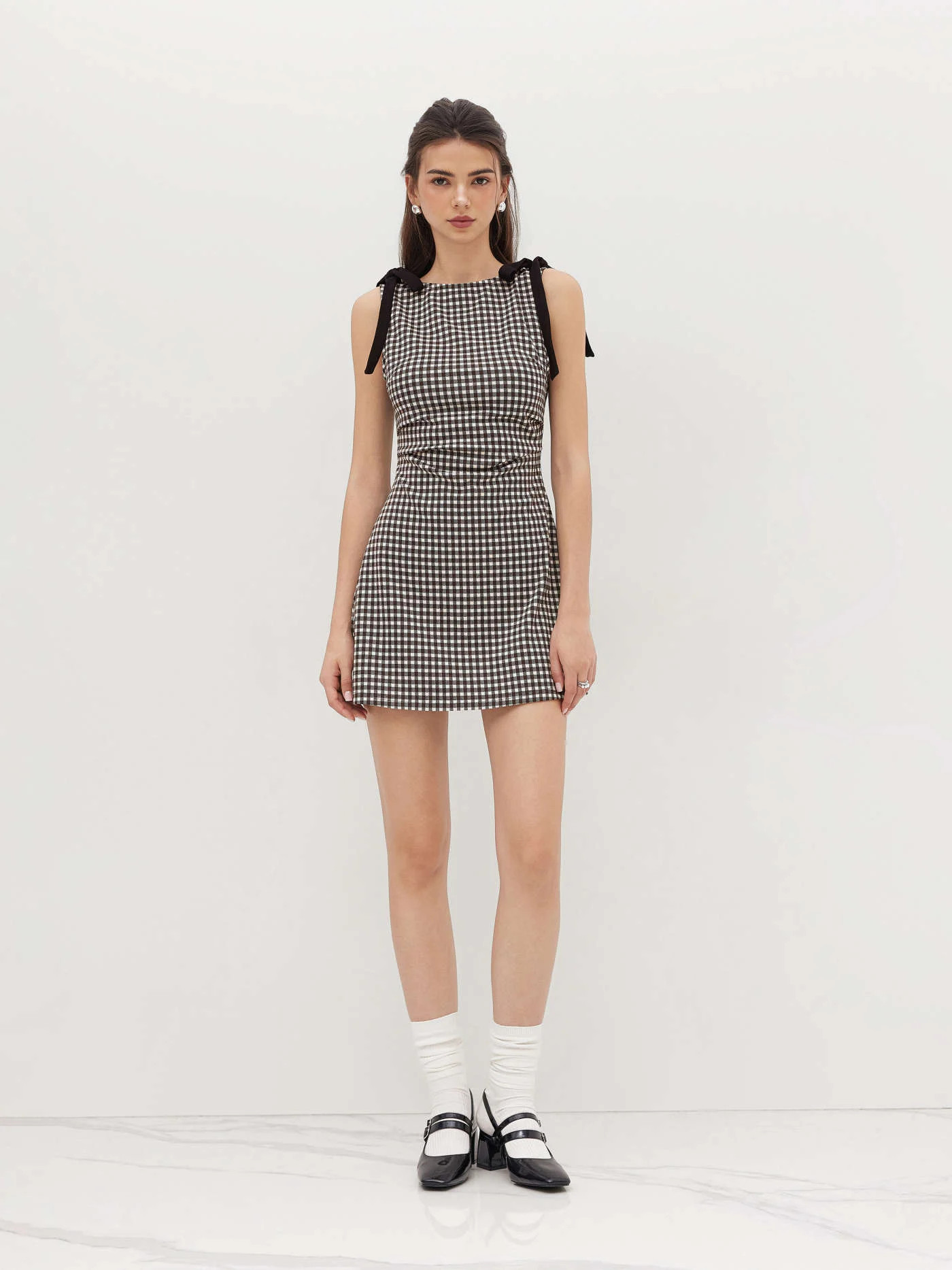 Round Neckline Gingham Bowknot Ruched Mini Dress | Cider