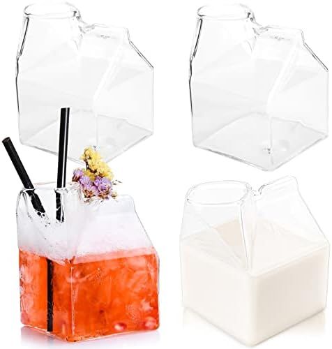 WUWEOT 4 Pack Glass Milk Carton, Clear Square Cocktail Glasses, Mini Cup Creamer Pitcher Coffee B... | Amazon (US)