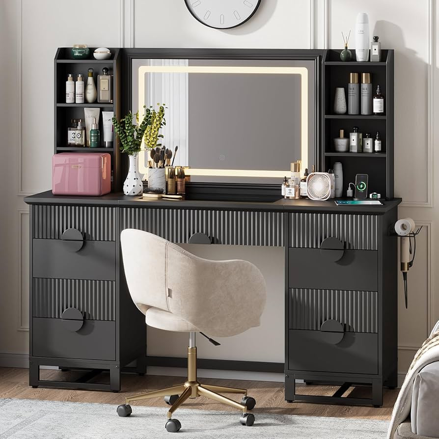 LGHM Fluted Vanity Desk, 60" Makeup Vanity with 32" Mirror and Lights, Modern Glass Top Vanity Ta... | Amazon (US)