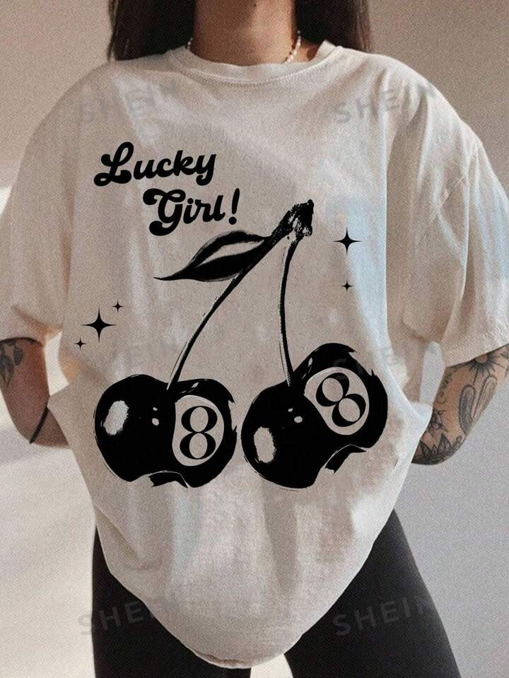 SHEIN EZwear Oversized Casual Simple Cherry Print Crew Neck Short Sleeve T-Shirt For Plus Size, S... | SHEIN