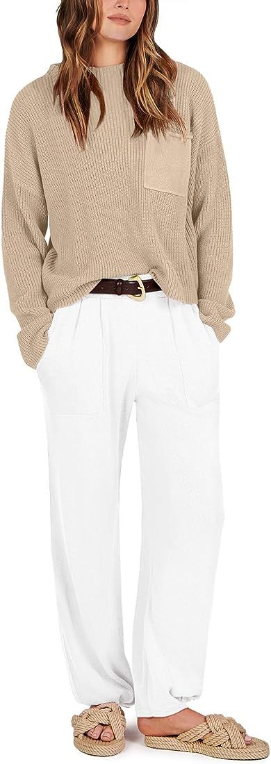 ANRABESS Women's Two Piece Outfits Long Sleeve Knit Top Fall Sweater Set Oversized Pants Tracksui... | Amazon (US)