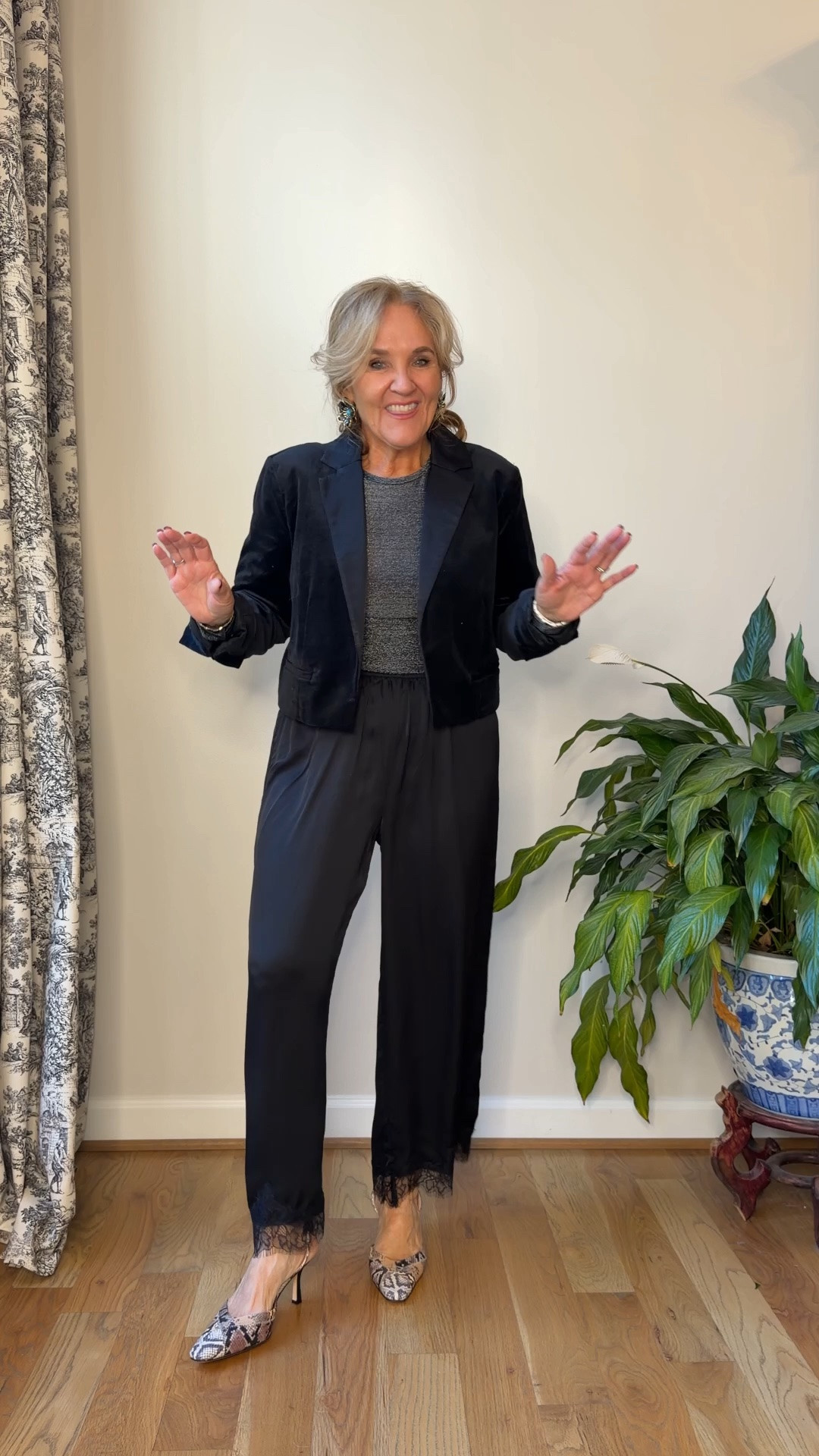 Tuxedo jacket, size medium
Shimmer T-shirt, size medium
Satin lace trimmed pants in a straight leg, silhouette size medium petite
These pieces you will wear as separates over and over. I brought these pants with me to the beach to where to dinner with a denim jacket.