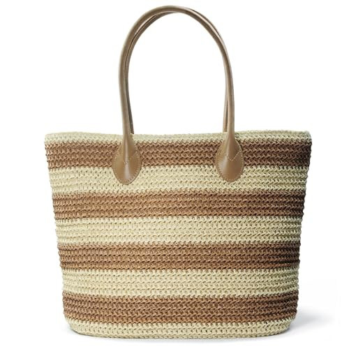 Striped Synthetic Straw Women's Tote Light Weight Vaction Shoulder Handbag (Brown) | Amazon (US)